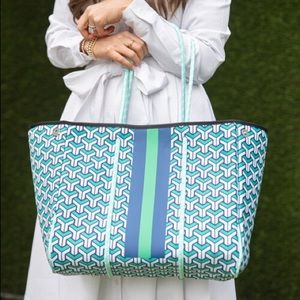 Green & blue geometric print boutique neoprene rope handle tote bag + clutch
